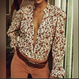 Free People Meant To Be Floral Smocked Boho Puff Sleeve Long Sleeve NWOT